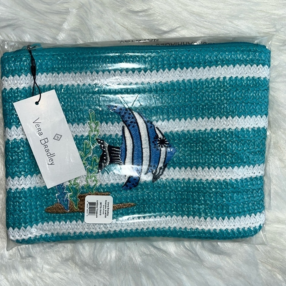 🆕 Vera Bradley Zip Top Straw Wristlet Antilles Treasure Fish Turquoise/White 🐟 - Picture 4 of 5